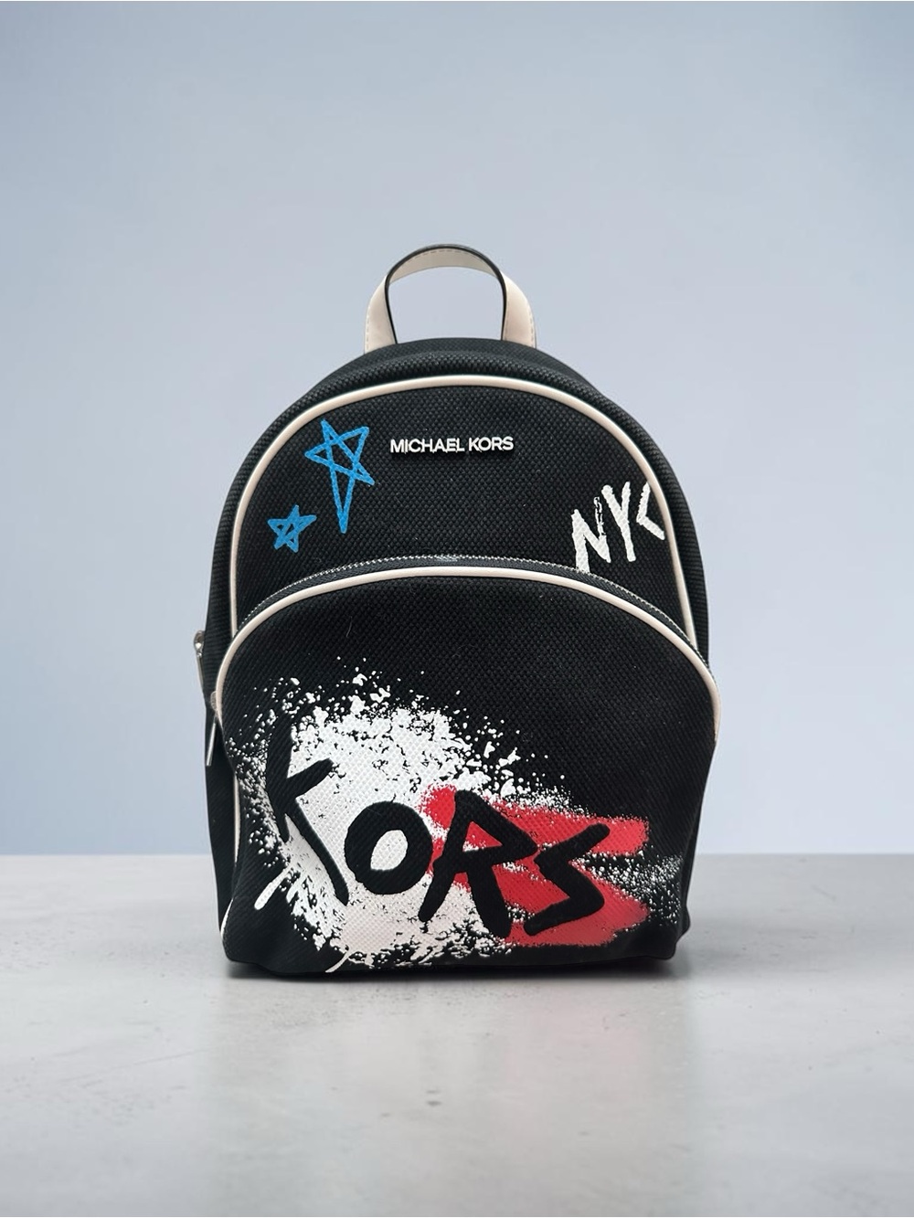 Michael Kors Abbey Small Graffiti Backpack Black White Canvas Logo Bookbag Bag - Picture 2 of 11